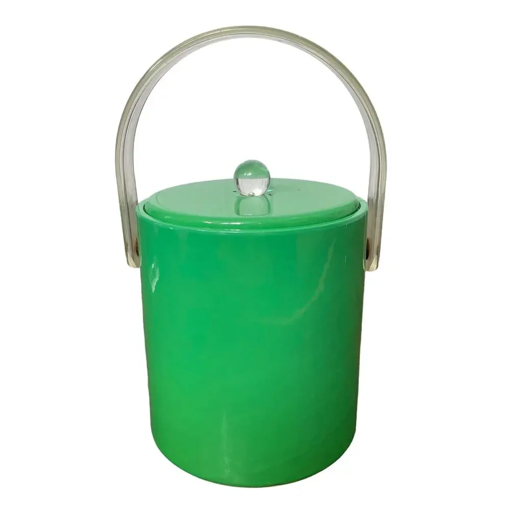 Mid Century Ice Bucket Lucite Handle & Knob Green Padded Vinyl Vintage FLAW